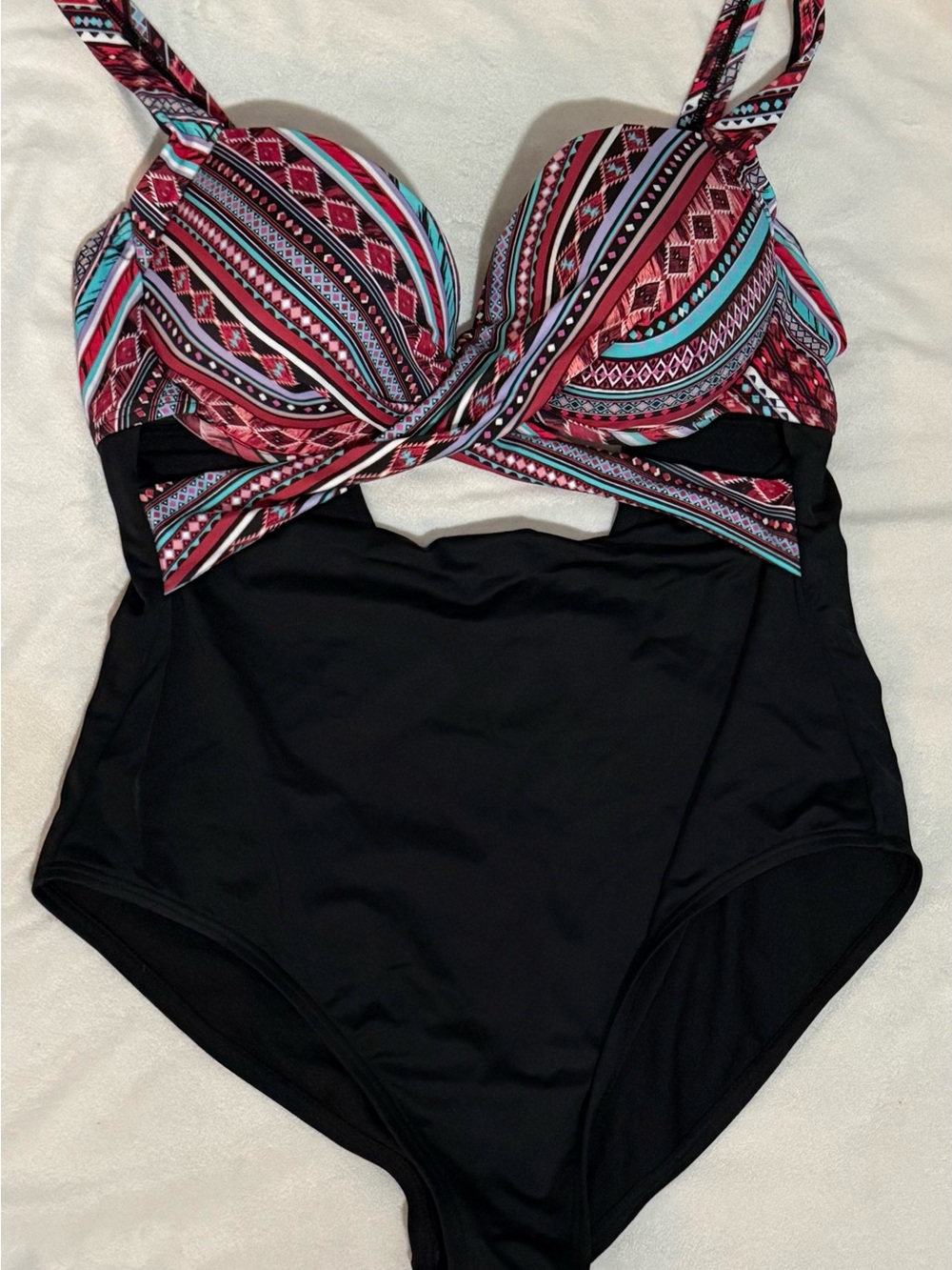 Swimsuits For All Black One-Piece with Pink and Teal Aztec Twist Bust